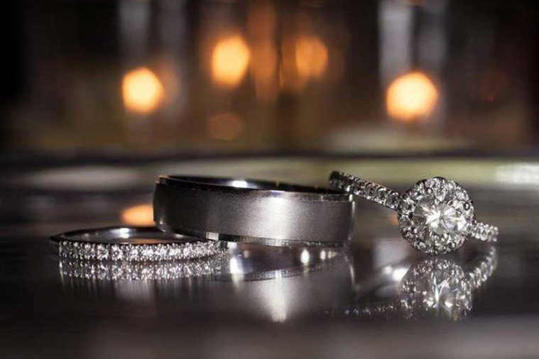 round diamond engagement ring, women's diamond wedding band, men's wedding band